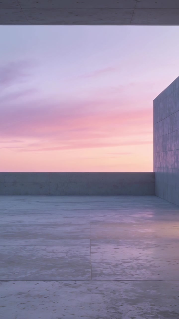 Vídeo vertical: Deck de concreto em movimento emoldurando o horizonte pastel ao pôr do sol, mostrando o brilho quente do parapeito.