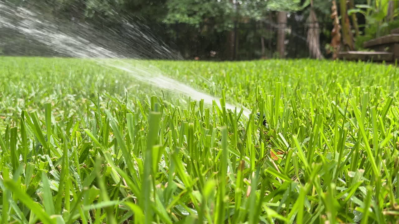 Irrigation water sprinkler water green grass in yard during day