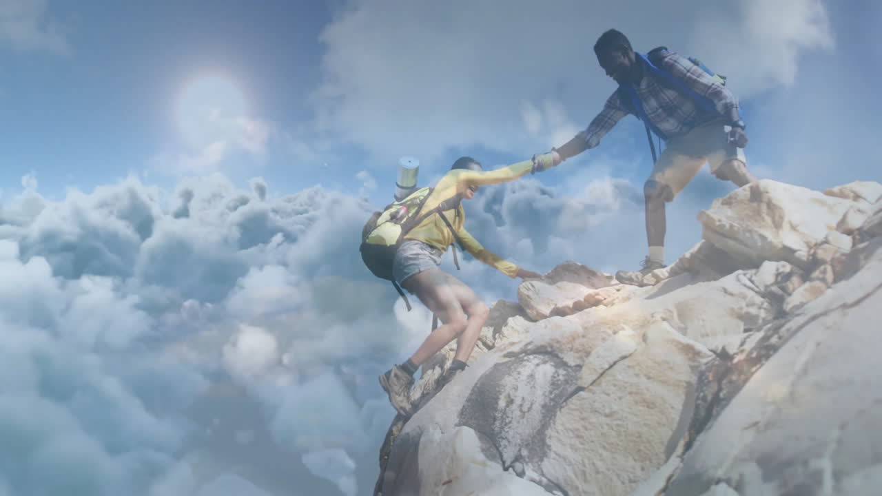 Couple climbing rocky slope carrying backpacks under bright clouds, with animated health data chart