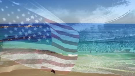 Digitale-Komposition-Der-Schwenkenden-US-Flagge-über-Dem-Stadion-Am-Strand