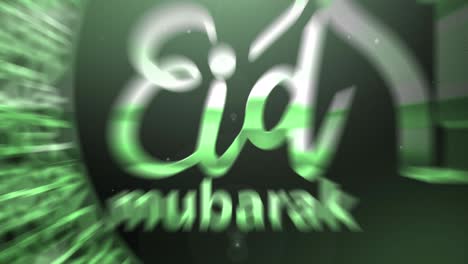 animation of eid mubarak text with crescent moon and mosque in green on black background