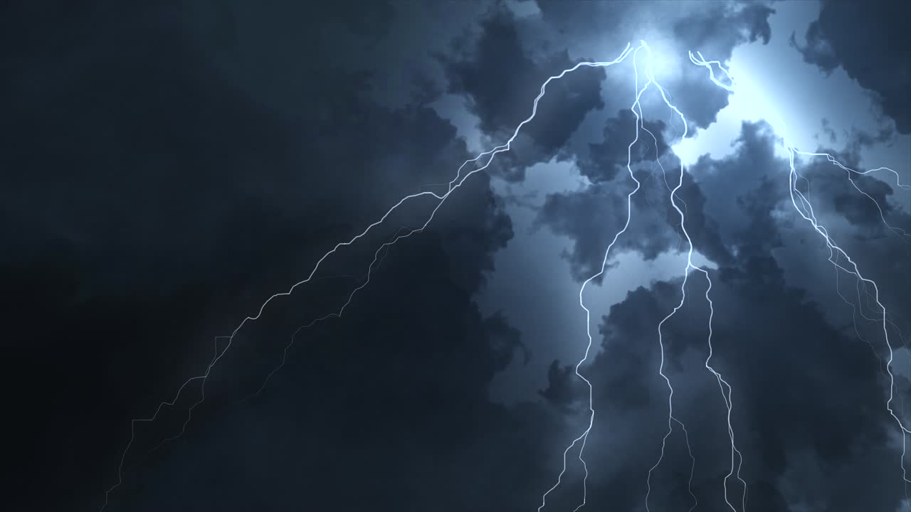 Lightning strikes on black background electrical storm blue realistic thunderbolts in loop animation