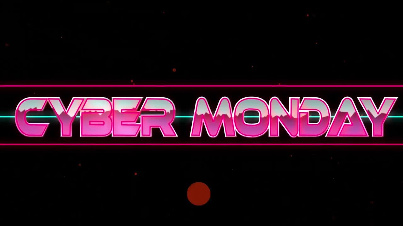 animación del texto del lunes cibernético sobre formas geométricas en fondo oscuro