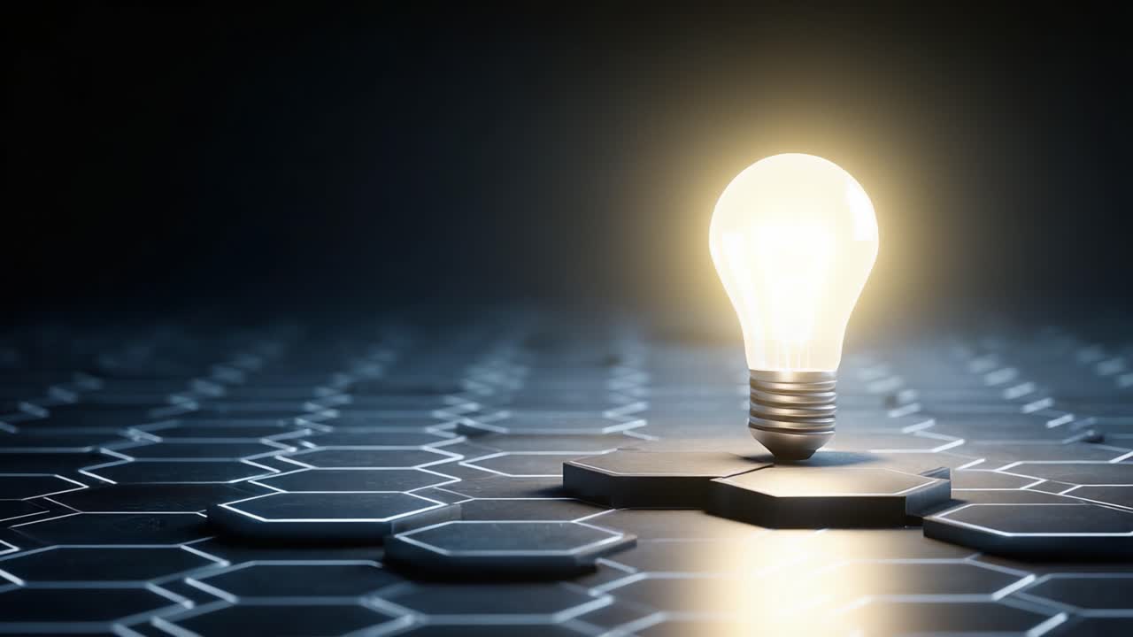 Un Viaggio Affascinante dal Buio alla Luce: La Trasformazione di una Lampadina su uno Sfondo a Motivo Esagonale – Idee Illuminanti in un Contesto Moderno