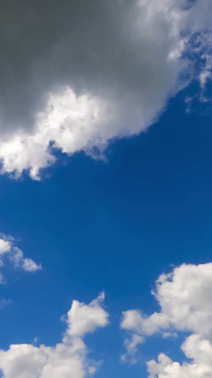 Sunlit shining white clouds in the blue skies. Sunny day footage. Low angle view. Timelapse. Vertical video