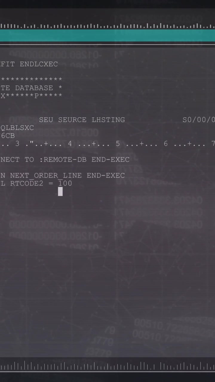 Animation of computer language in terminal interface and blockchain over black background