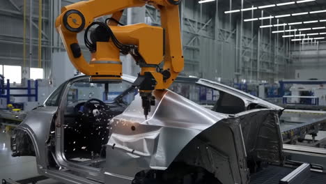 robotic arm welding a car body in an automated manufacturing plant