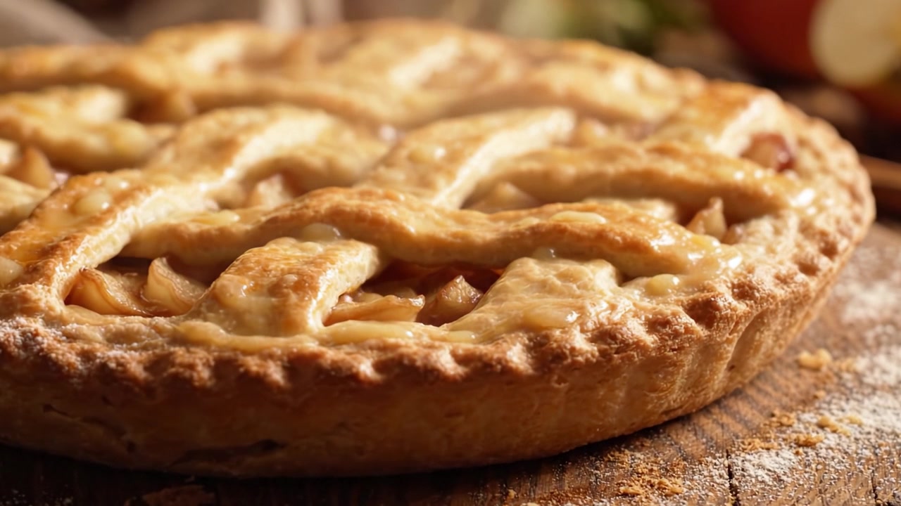 Deliziosa torta di mele dorata con complessa crosta a griglia, catturata in due inquadrature, che ne mostra la consistenza sfogliata e l'aroma, perfetta per qualsiasi riunione.