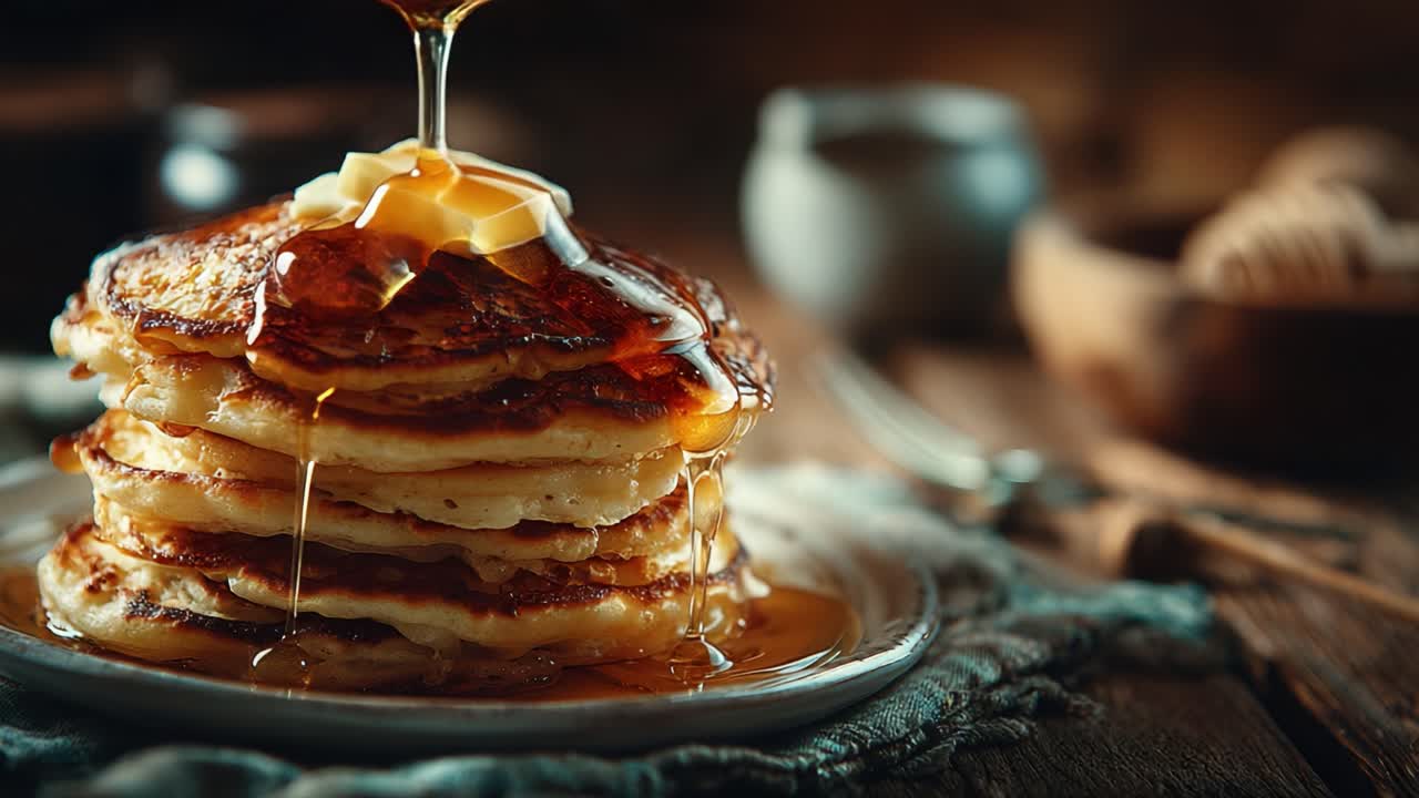 Delicious Stack of Fluffy Pancakes Drizzled with Golden Syrup and Topped with Butter: A Perfect Breakfast Indulgence for any Morning Celebration