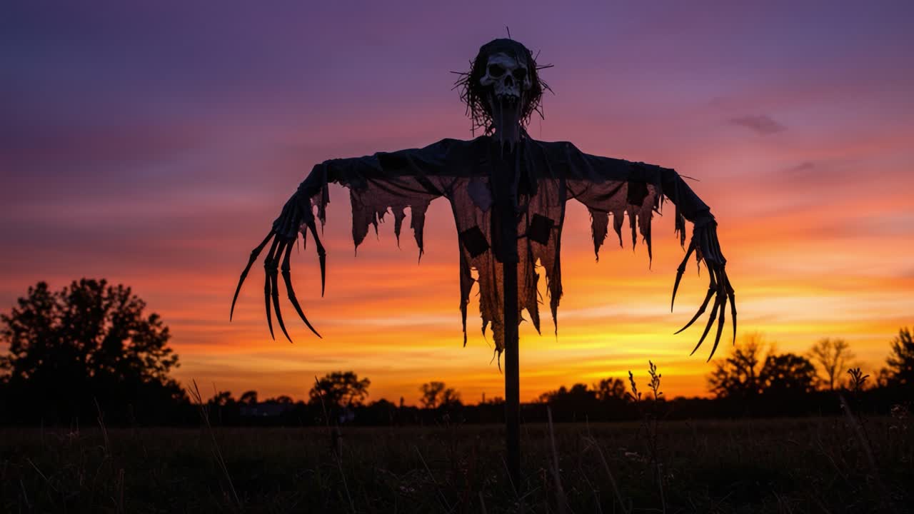 Eerie Scarecrow Silhouette Against a Vibrant Sunset Sky, Capturing the Essence of Autumn and Harvest in a Hauntingly Beautiful Landscape