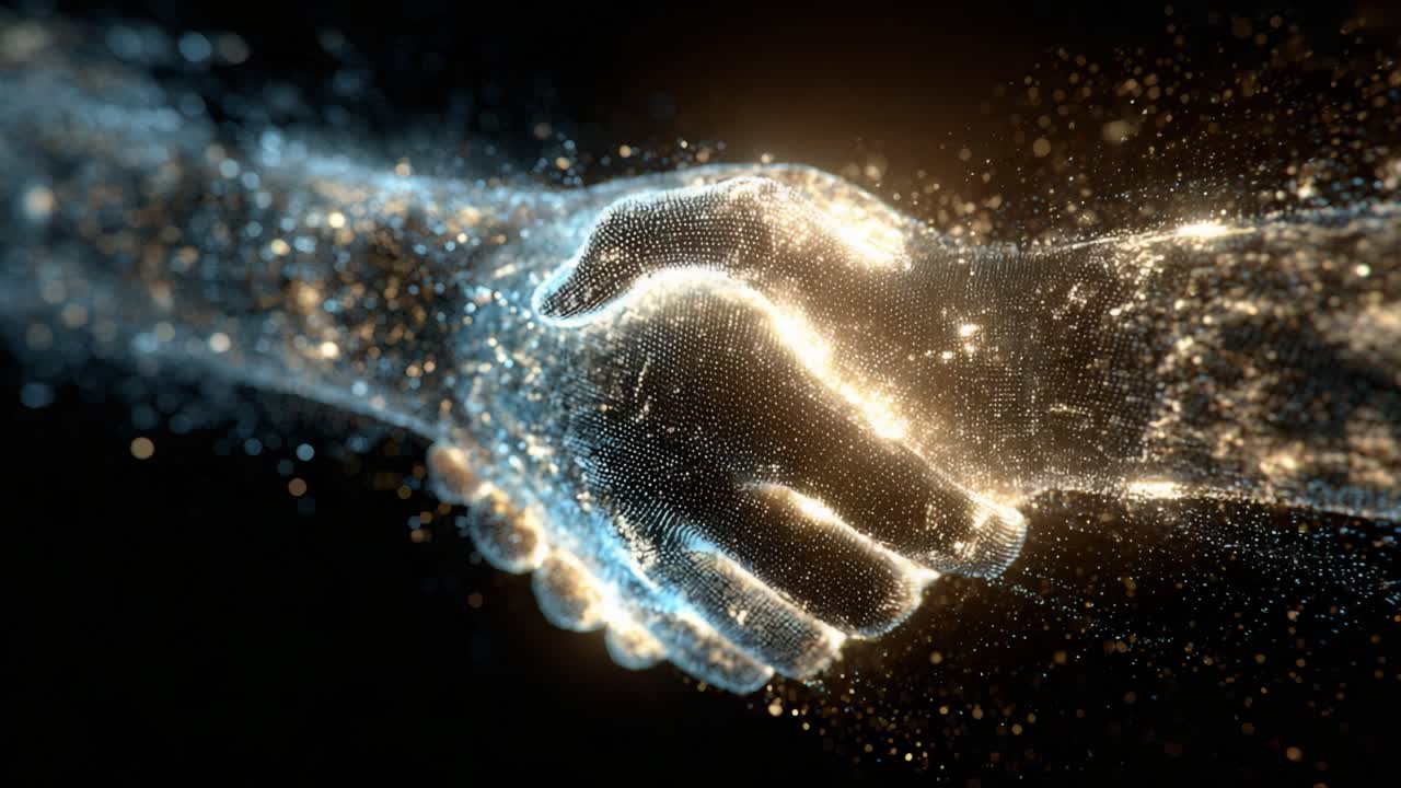 Two luminous, abstract hands made of glowing particles forming a handshake, symbolizing a futuristic business deal, digital agreement, partnership, and successful technology integration