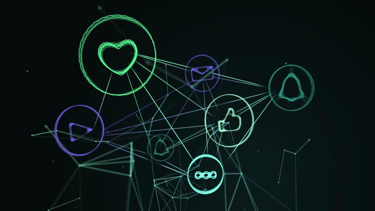 Animation of green and purple light trails with icons on green background