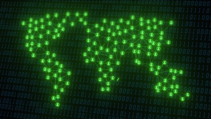 World map made of glowing green nodes and binary code animation