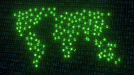 World map made of glowing green nodes and binary code animation