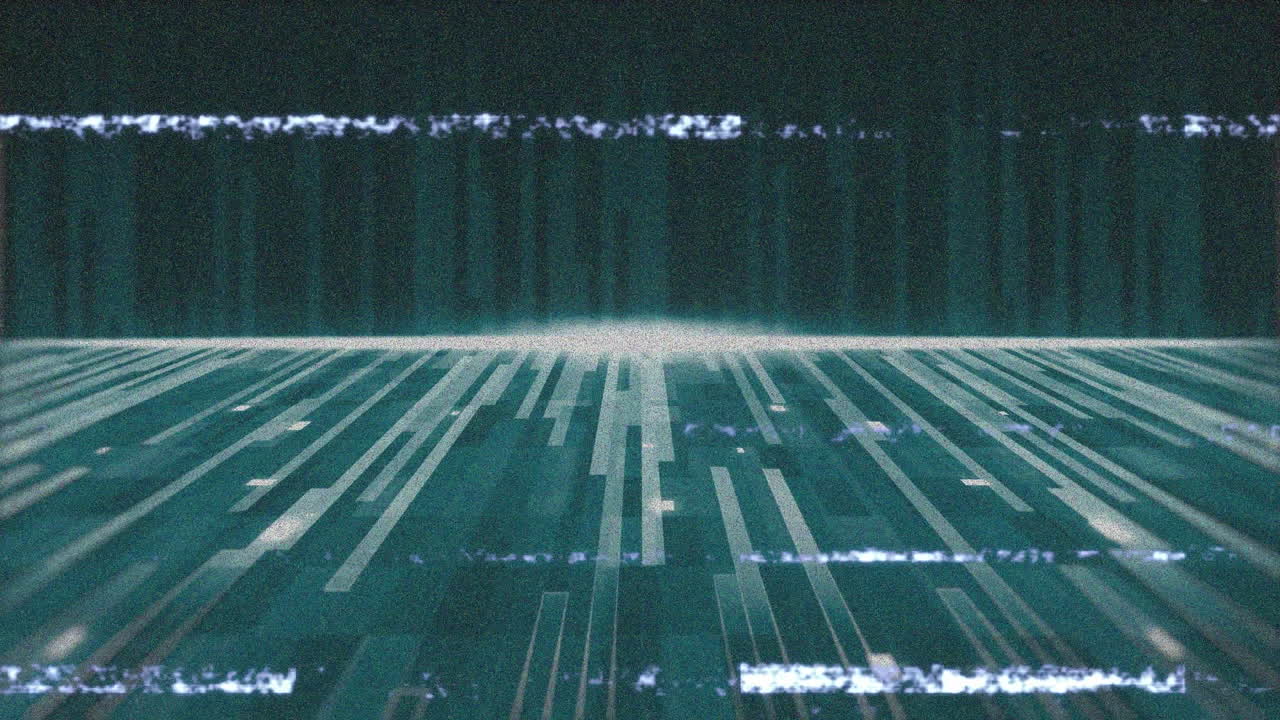 Animation of glitch interference over neon lines on black background