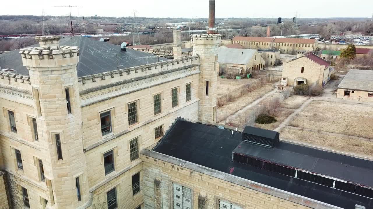 Aerial of the derelict and abandoned Joliet prison or jail a historic site since construction in the 1880s 9