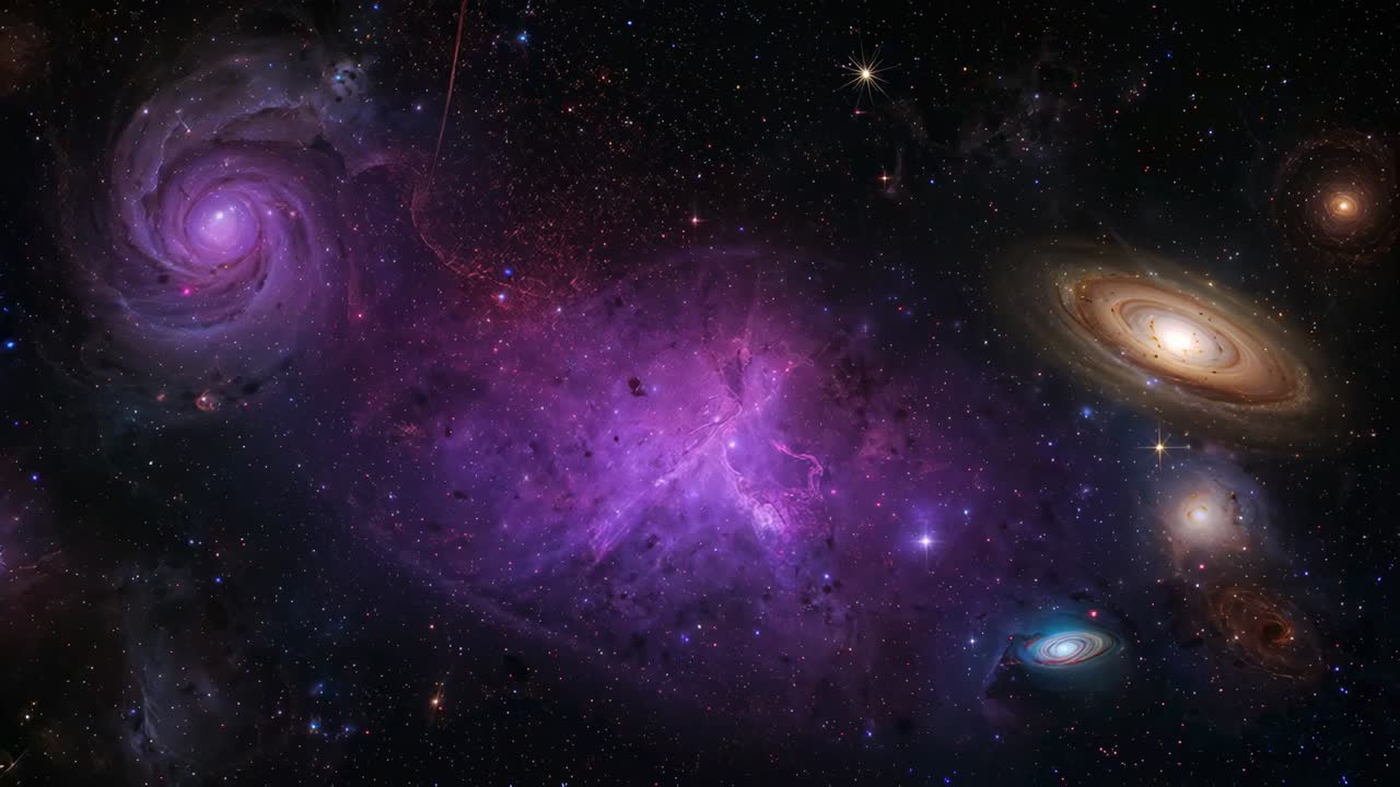Schwenk nach rechts, Zoomen im Bereich, Hervorhebung der zentralen violetten Nebelspirale und goldenen Galaxien