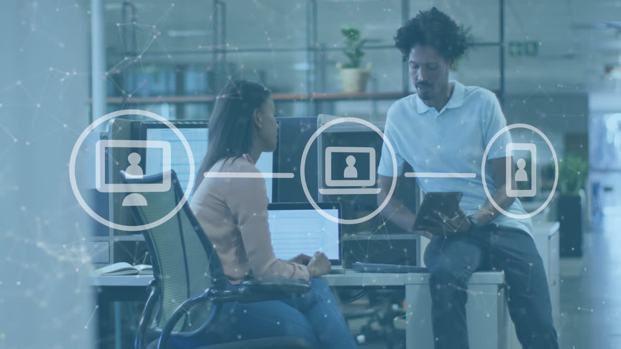 Animation of icons and data processing over diverse business people in office