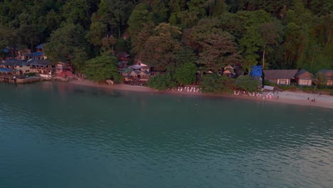stunning aerial top view flight sunset clouds sun ocean beach, chang island thailand 2022