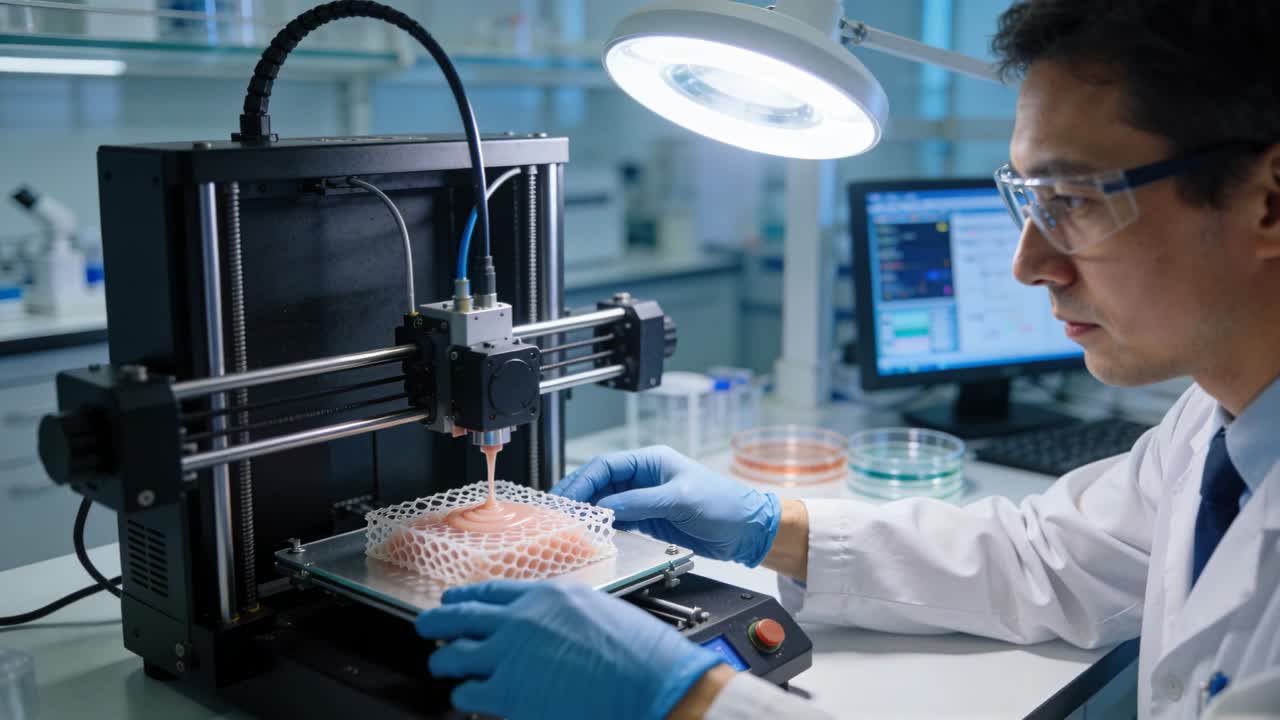 3D bioprinter printing lattice tech coat gloves steadying scaffold bench checking print, copy space
