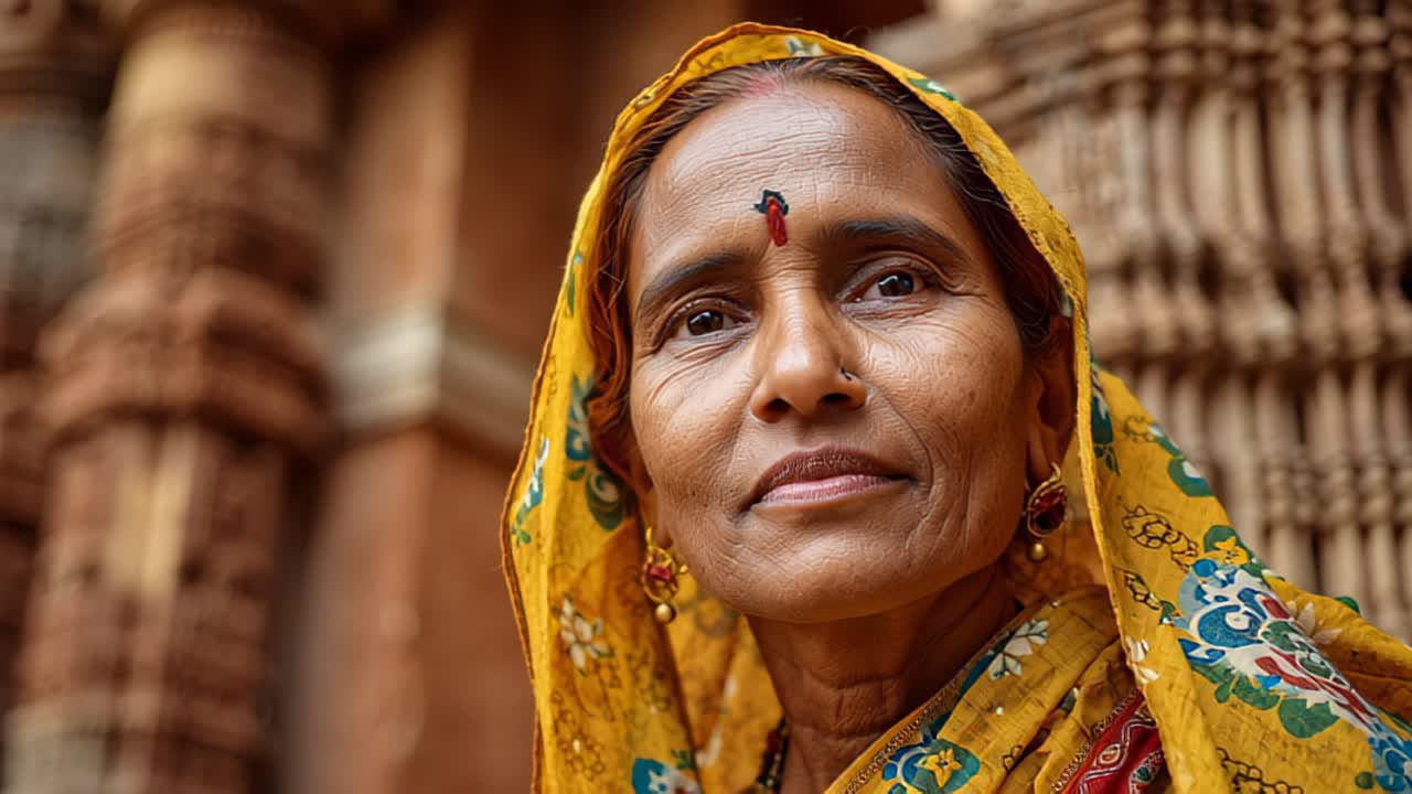 Filmato ravvicinato di un'anziana donna indiana che indossa un sari giallo e un bindi, in piedi all'aperto accanto a ornate pareti di templi in pietra intagliata, espressione calma e identità culturale.