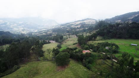 Toma-Aérea-Panorámica-De-Una-Colina-Llena-De-Vegetación-Por-Todas-Partes-Y-Colinas-Al-Fondo-En-Un-Día-Brumoso