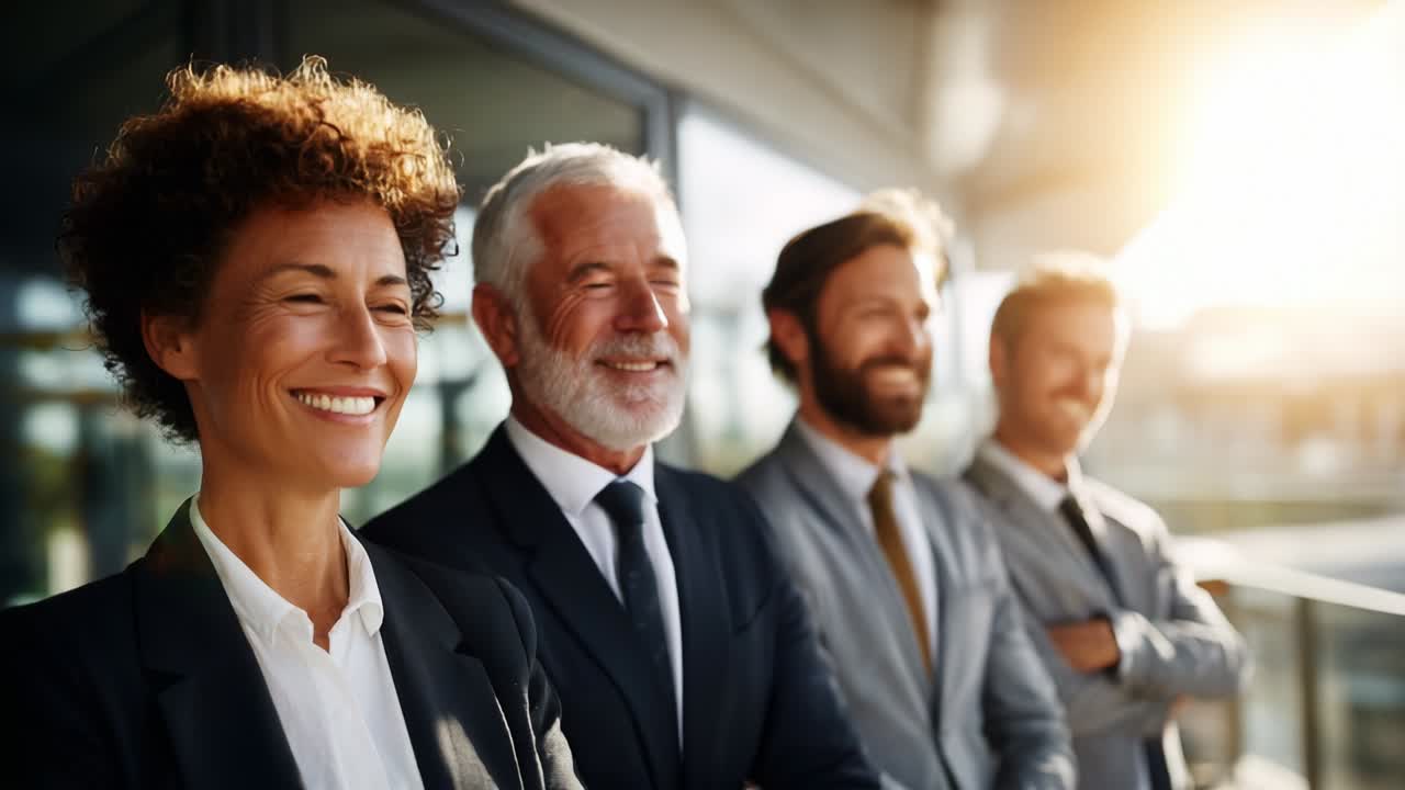 A group of diverse professionals stands confidently in a modern office setting, showcasing camaraderie and success, as they smile at the camera during a bright, sunny day