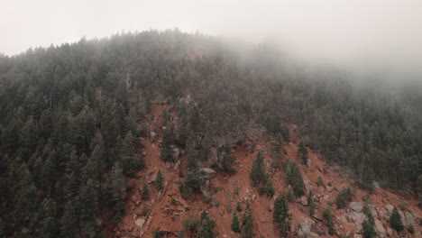 Rückfahrkamera-Aus-Der-Luft-über-Immergrünem,-Nebelbedecktem-Wald-Auf-Dem-Gipfel-Des-Cheyenne-Tals