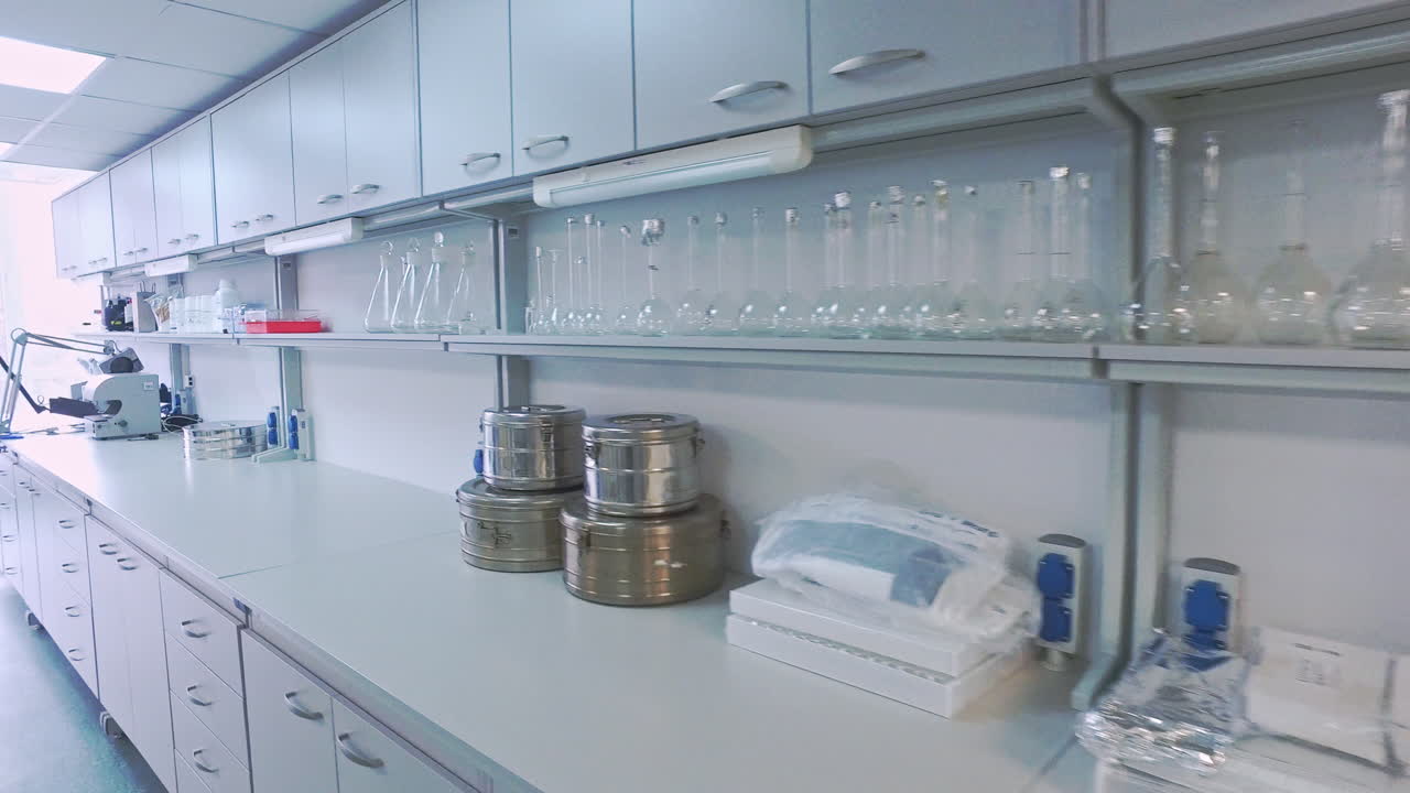 Medical laboratory workspace. Pov of science laboratory room. Lab interior