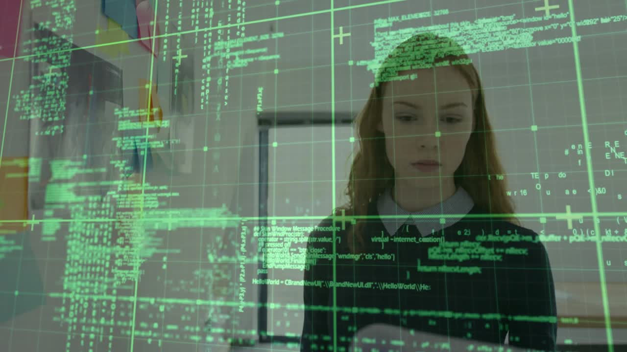 Tech pro glancing at code overlay and inspecting then grabbing printed documents for comparison