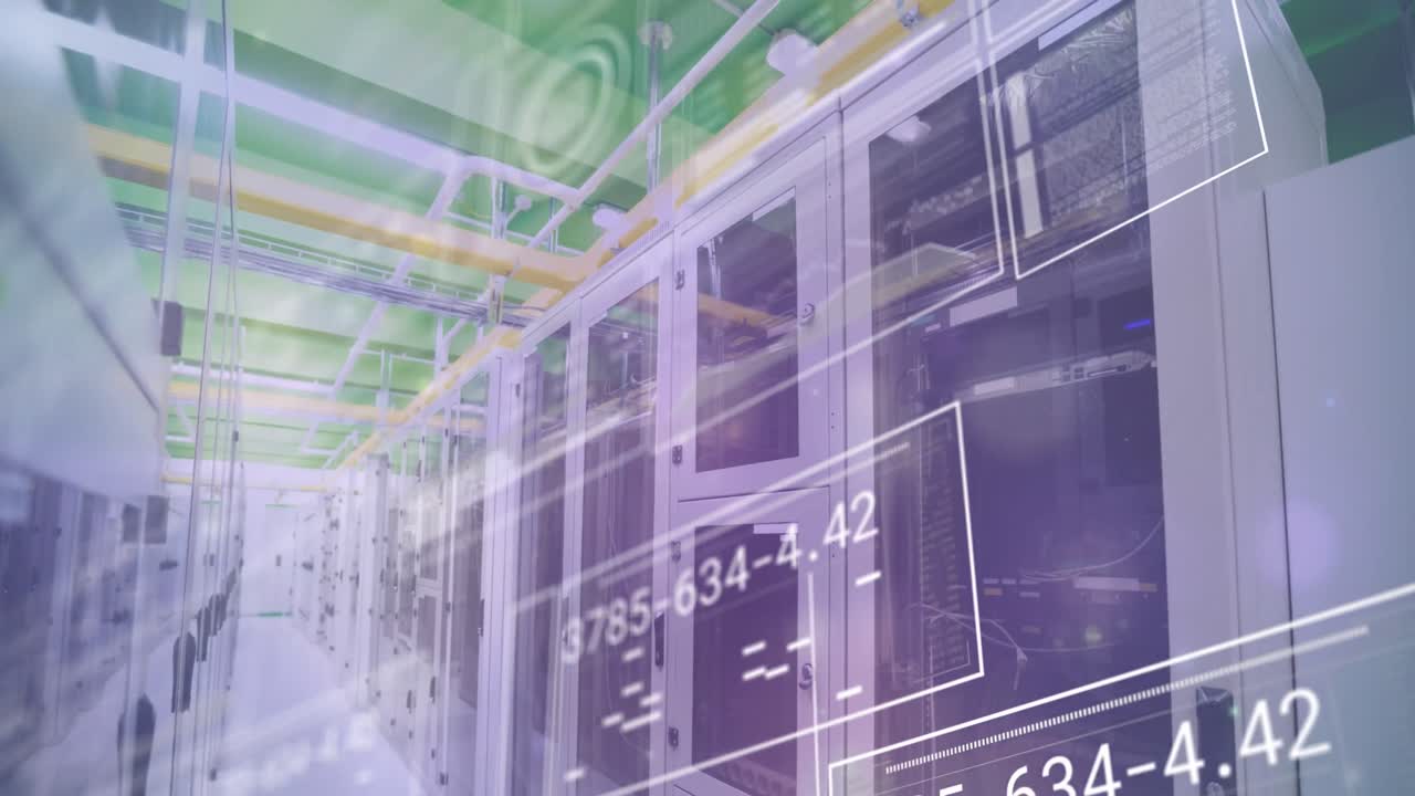 animación de la interfaz con procesamiento de datos y puntos de luz contra la sala de servidores de computadoras