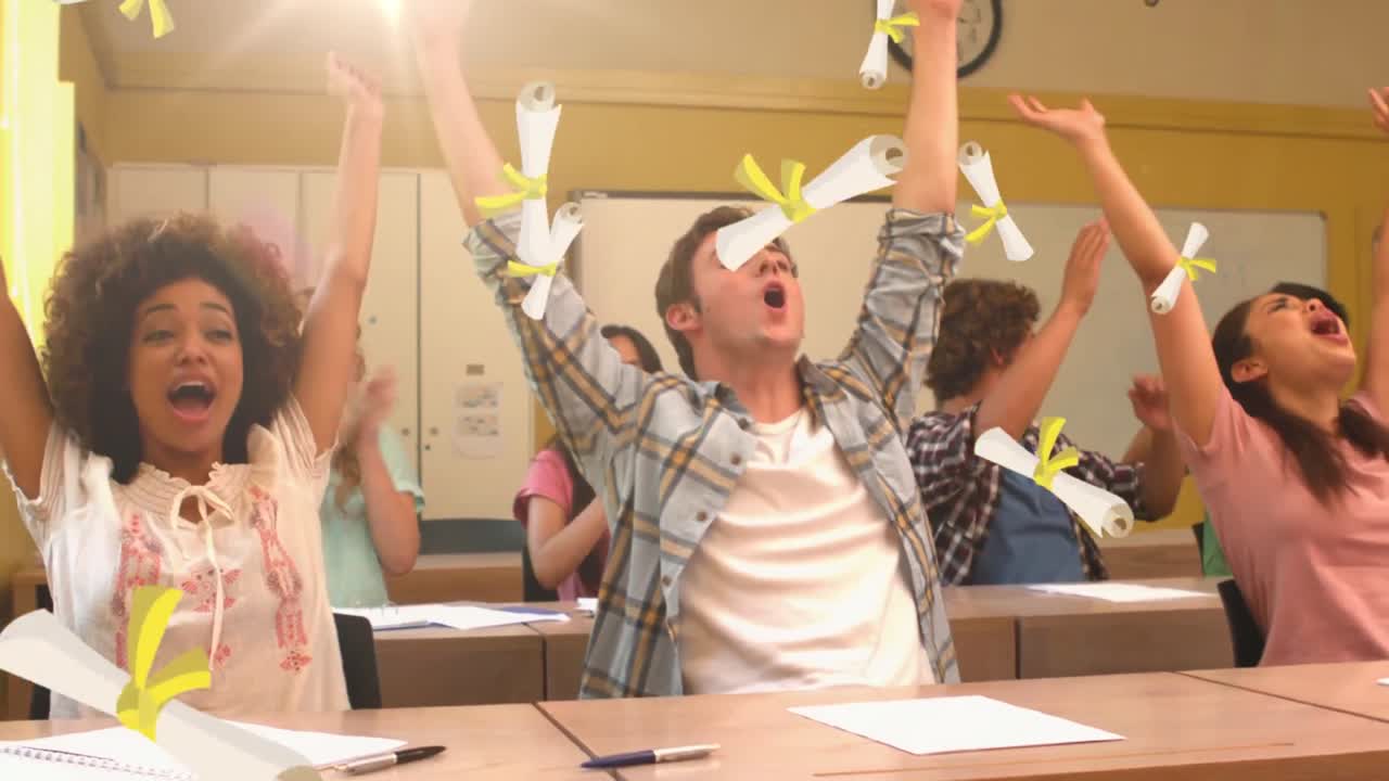 학교의 수업에서 다양한 학생들 위에 떨어지는 아이콘의 애니메이션