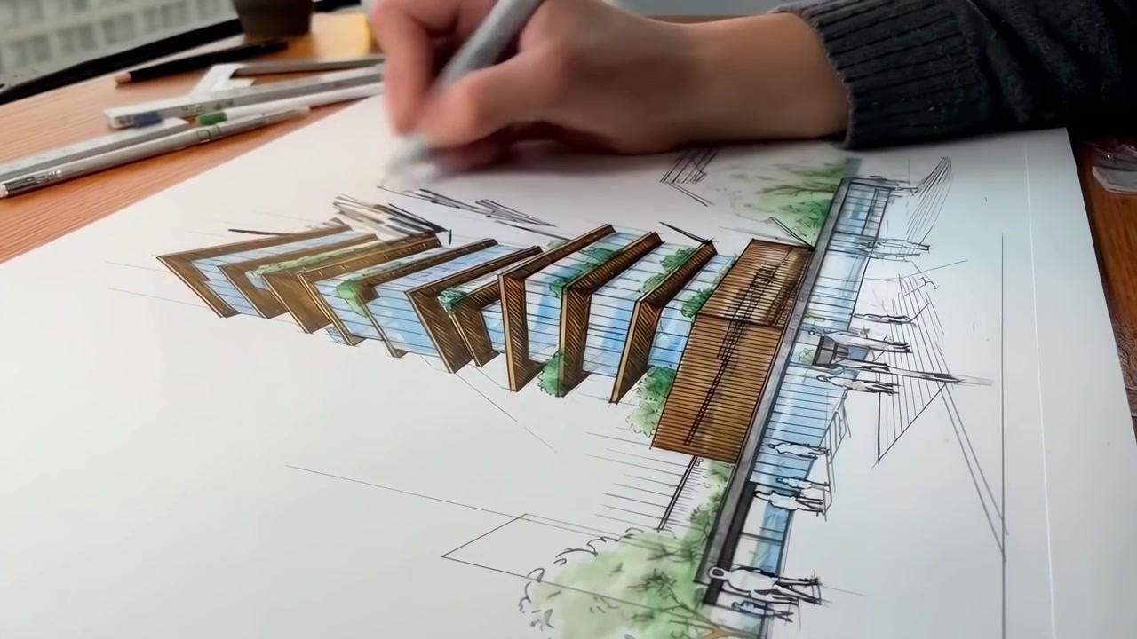 สถาปนิกผู้ออกแบบกำลังวาดแนวคิดอาคารสมัยใหม่ด้วยมือ