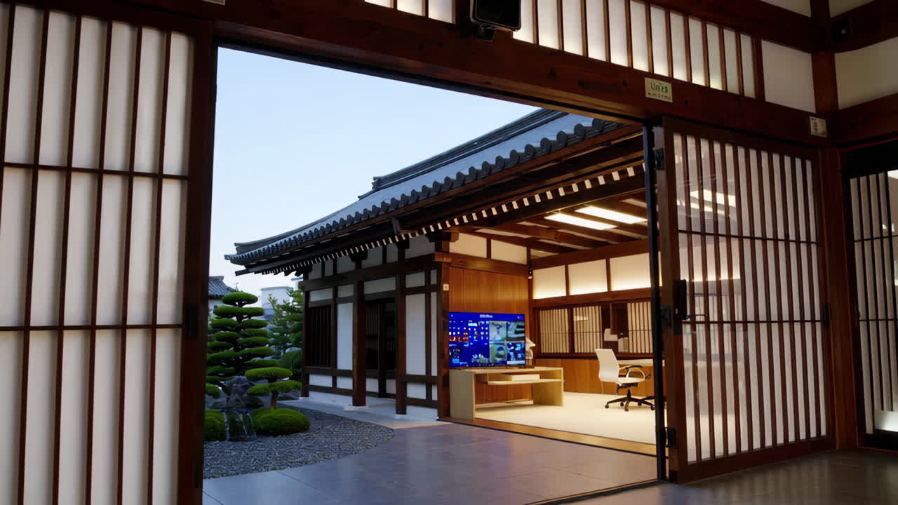 Japanese-style modern office with garden view