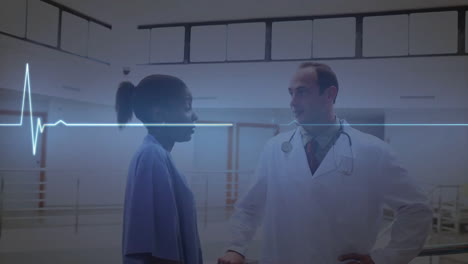 animation of cardiograph over diverse doctors talking