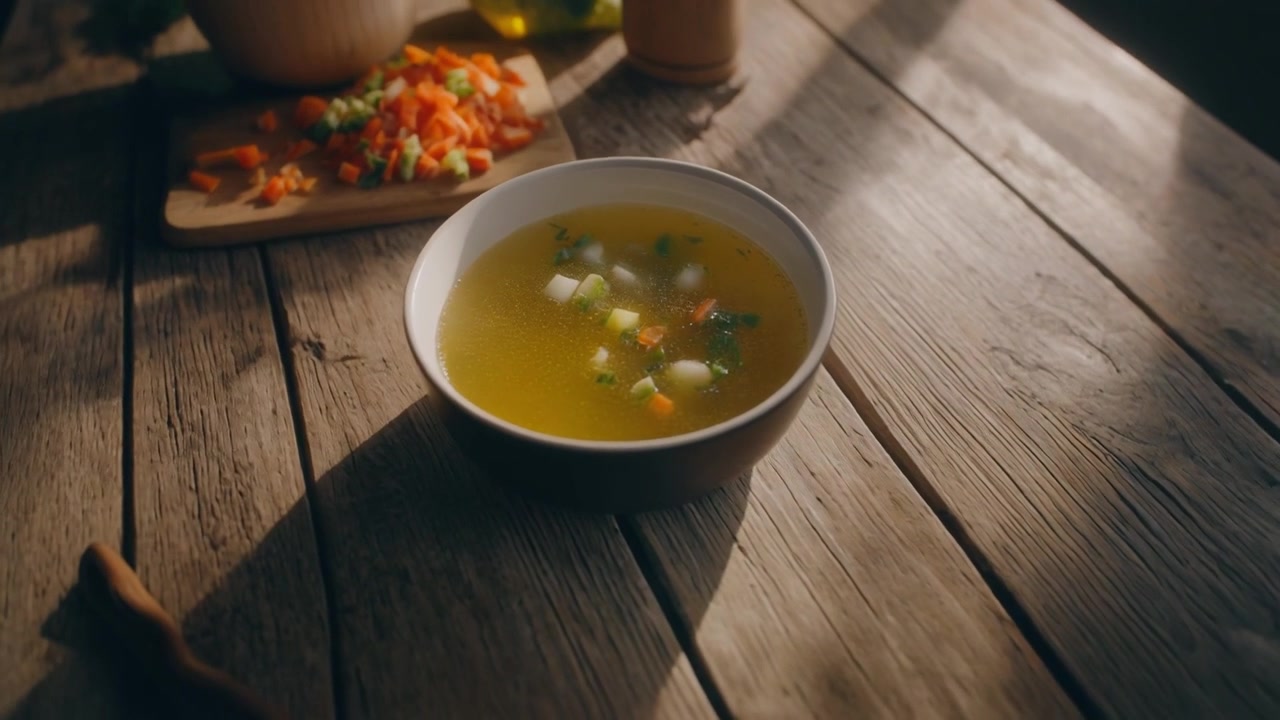 Tigela de Sopa de Legumes Frescos em uma Mesa de Madeira Rústica