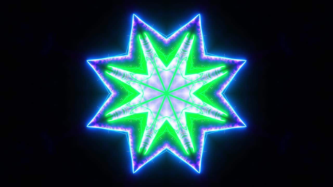 초록색과 파란색의 꽃, 검은색 바탕과 파란빛의 중심, 칼레이도스코프, vj 루프