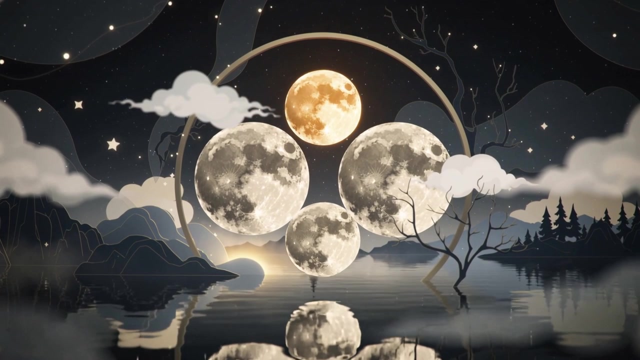 Nuvole in movimento che rivelano lune dorate e argentate che si sovrappongono su un lago calmo, con un arco che incornicia una guglia