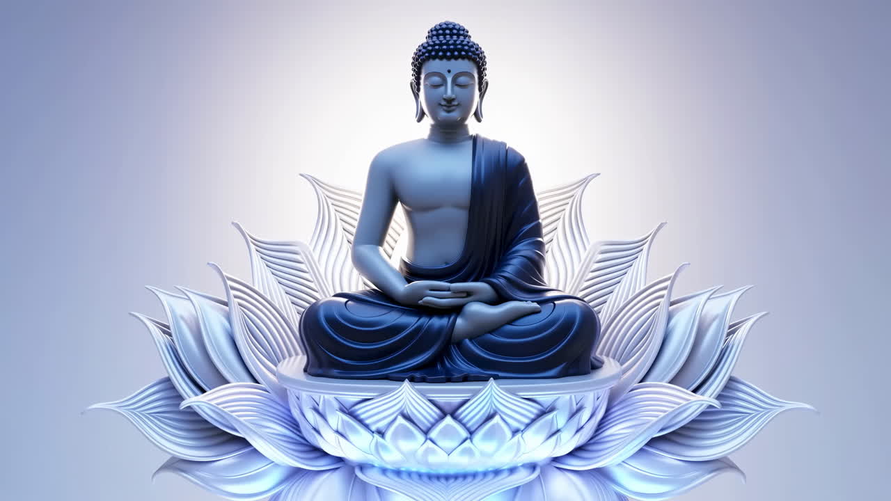 Statua del Buddha in meditazione su un fiore di loto luminoso
