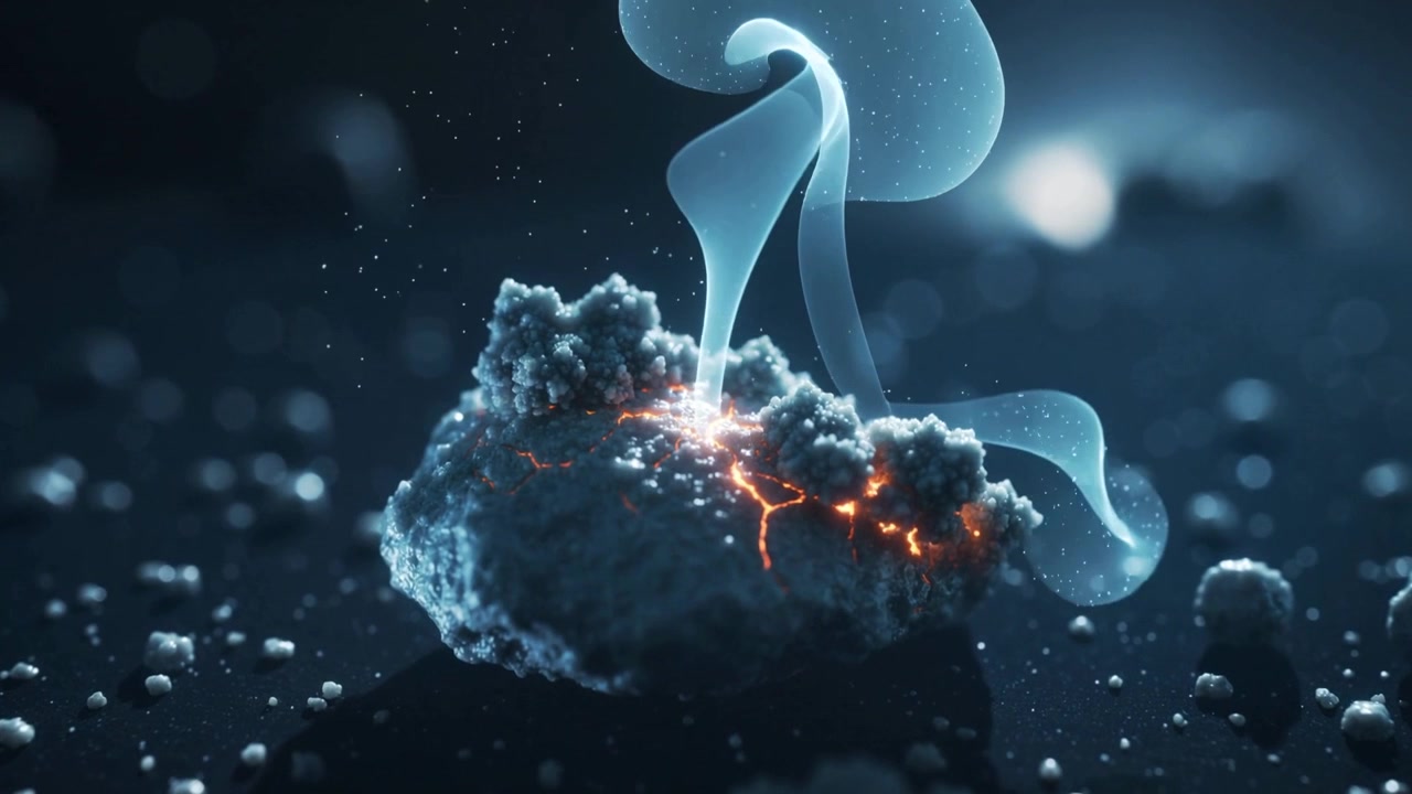 Pulsing porous rock in macro reacting as blue form descending, touching fissure, sparking ribbons