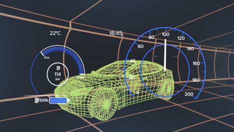 Animation-of-speedometer-over-electric-car-project-on-navy-background