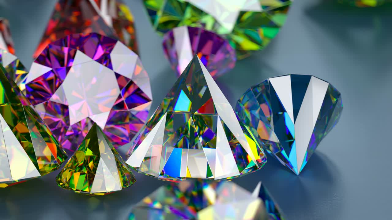 Colorful shining brilliant cut diamonds 3D render seamless loop animation