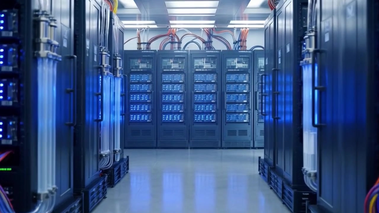 Sala server di un moderno data center con sistemi di raffreddamento a liquido