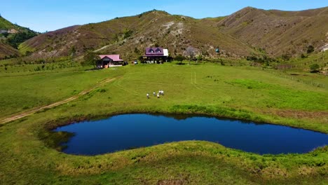 Toma-Aérea-De-Un-Grupo-De-Personas-Corriendo-Hacia-El-Lago-En-Su-Rancho