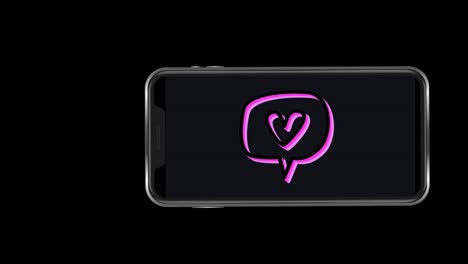 animación del icono del corazón en la pantalla del teléfono inteligente sobre la nieve que cae en el fondo