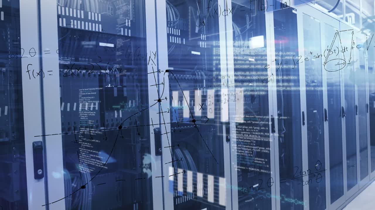Animation of digital data processing over server room