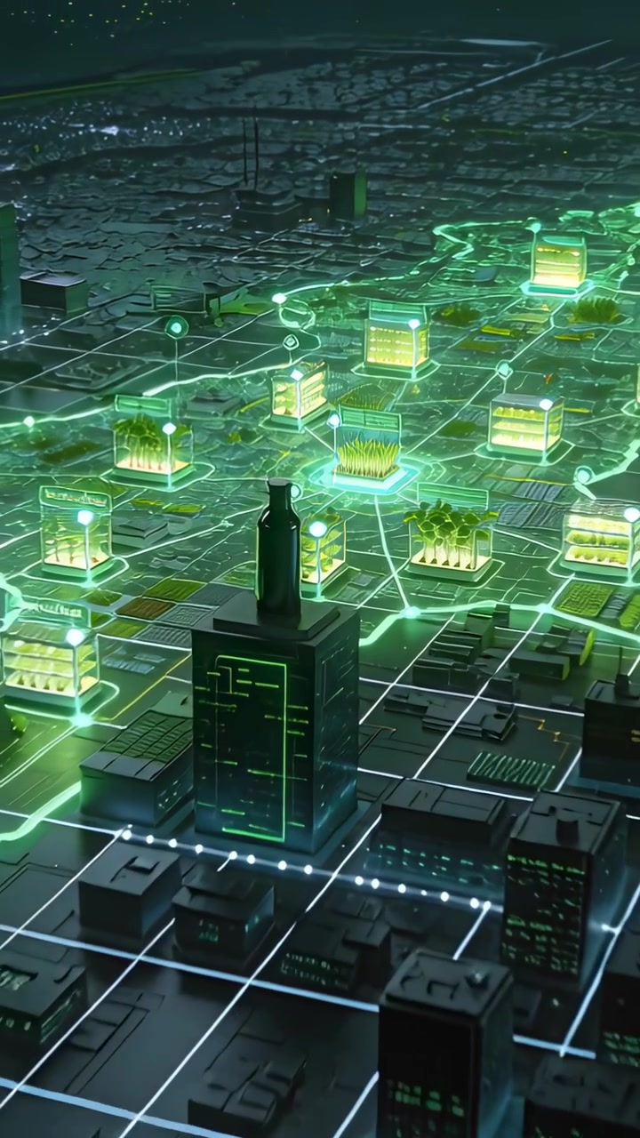 Video verticale: La telecamera si allontana da una bottiglia di vetro su un supporto, mentre una griglia al neon mappa i vassoi in una simulazione come dimostrazione.