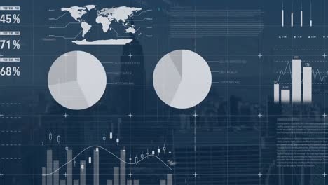 animation of infographic interface over aerial view of modern cityscape against sky