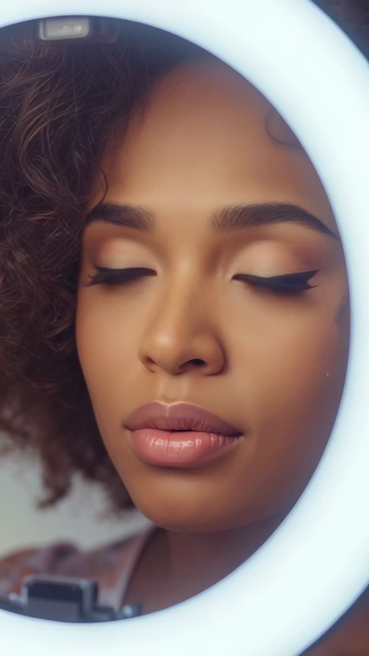 Vertical video: Ring light illuminating woman raising gaze to camera delivering segment in studio