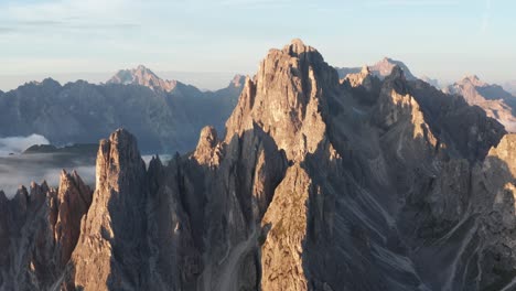 drone view over craggy peaks of cadini di misurina, italian alps, south tyrol